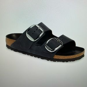 Birkenstock Big Buckle Black Oiled Leather Slide Sandal